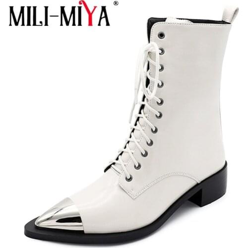 MILI-MIYA Elegant Sexy Pointed Toe Lace Up Low Heels Ankle Boots Women Top Quality Leather Lace Up Casual Shoes Big Size 34-43