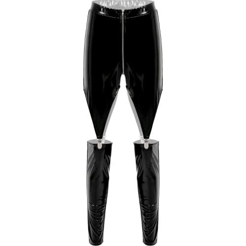 Patent Leather Women New Fashion Streetwear Sport Slim Hollow Out Skinny Zipper Crotch Cutout Elastic Waistband Long Trousers