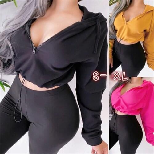 Women New Slim Long Sleeve Sweatshirt Fashion Half Zipper Sexy V-Neck Hooded Pullover Solid Color Autumn Drawstring Hooded Top