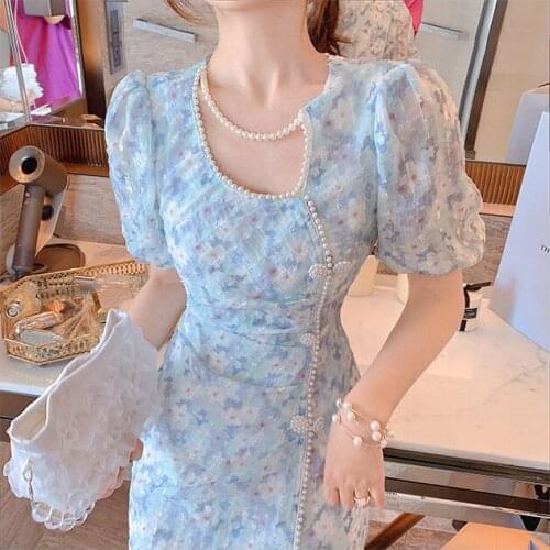 Bella 2021 New Summer Vintage Floral Print Pearl Deails Side Split Slim Dress Short Puff Sleeve Cheongsam Party Dress Vestidos