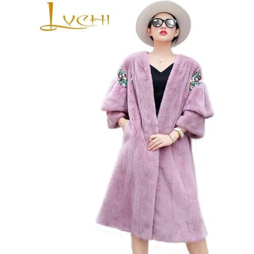 LVCHI Winter 2019 Causal Three Quarter Real Natural Mink Fur Coat Womens V-Neck Flare Sleeve Coat Diamonds Medium Mink Coats