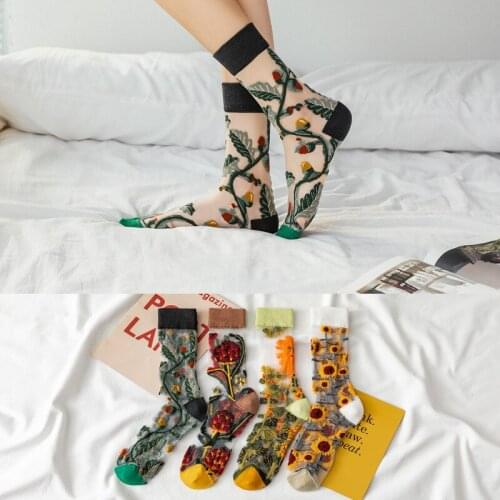 1 Pair Socks 2021 New Spring Summer Tulle Stockings Transparent Thin Sock Cartoon Flowers Fruit Women Tide Shoe Socks Painting