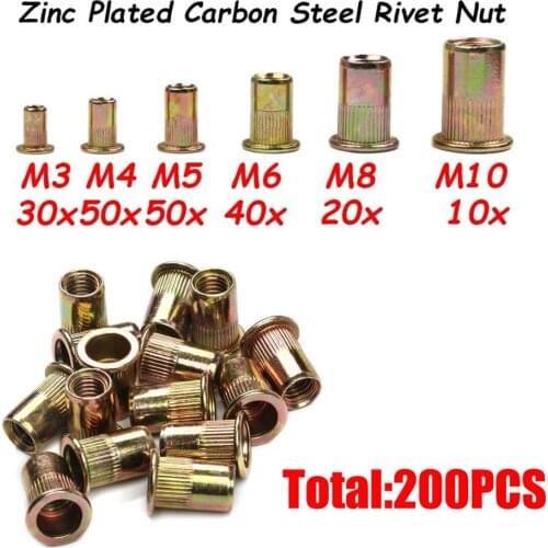 200Pcs M3 M4 M5 M6 M8 M10 Zinc Plated Carbon Steel Rivet Nuts Knurled Nuts Flat Head Threaded Rivet Insert Nutsert Cap Rivet Nut