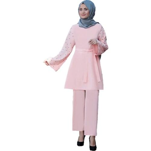 2020 Muslim 2 Piece Sets Women Abaya Dubai Lace-up Tops and Wide Leg Pants Ramadan Prayer Clothes