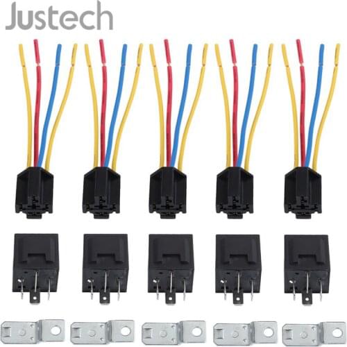 Justech 5 pcs DC 12V Car SPDT Automotive Relay With Harness Socket For Fog Lights Door Locks alarm system 4 Pin 4 Wires 40 Amp
