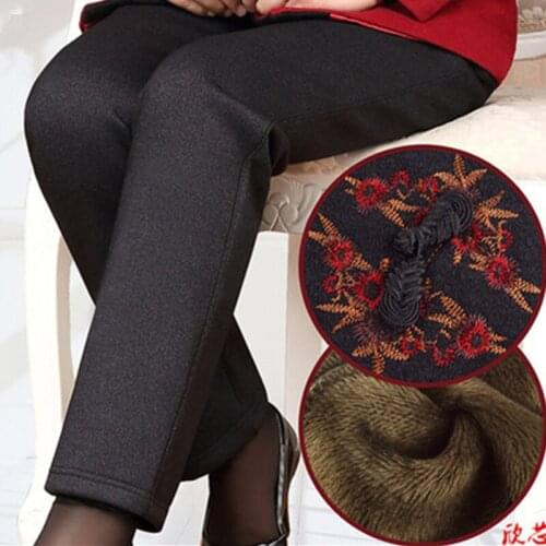 Middle Age Mother Pants 2018 Winter Embroidery plus Velvet Trousers Older Women Plus Size casual elastic waist Pants 4XL