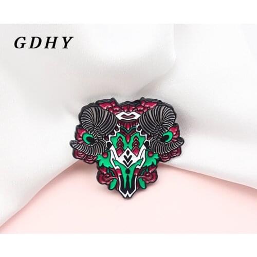 GDHY Rose Flower Sheep Skull Enamel Brooch Pin Sheep Cattle Skeleton Lapel pins Punk Dark Jewelry Brooches for women Kids
