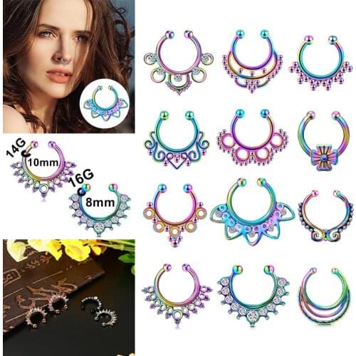 Fake Nose Ring,Fake Septum,Clip In The Nose,No Perforation Nose Septum 14G16G Stainless Steel Inlaid CZ Fake Septum Body Jewelry