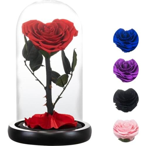 Heart-Shaped Preserved Rose In Glass Dome Eternal Rose Flower Floral Decor Wedding Birthday Mothers Day Gift Home Table Decor