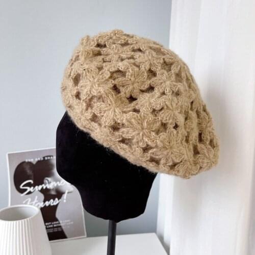 Korean Fashion Cute Girl Flower Knitted Double Berets For Women Female Autumn Winter New Painter Hat Pumpkin Cap Octagonal Hat