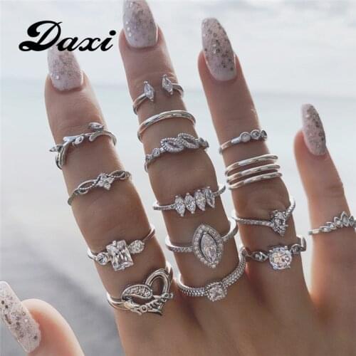 DAXI 15PCS/Set Crystal Heart Rings Set For Women Elegant Silver Color Finger Rings 2020 Fashion Statement Female Jewelry Gifts