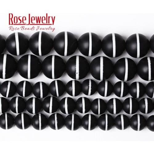 Natural Stone Matte Black Agates Beads with White Line Stripe Round Loose Beads 15" Strand 8 10 12 MM Size For Jewelry Making