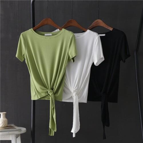 Irregular Modal Solid Women T-shirts 2020 Summer New O-neck Short-sleeved Bandage Slim Casual All Match Female Pulls Tops Tees