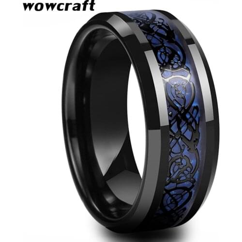 8mm Black Tungsten Wedding Ring for Men Women Blue Carbon Fiber Black Dragon Inlay with Comfort Fit Engagement Band