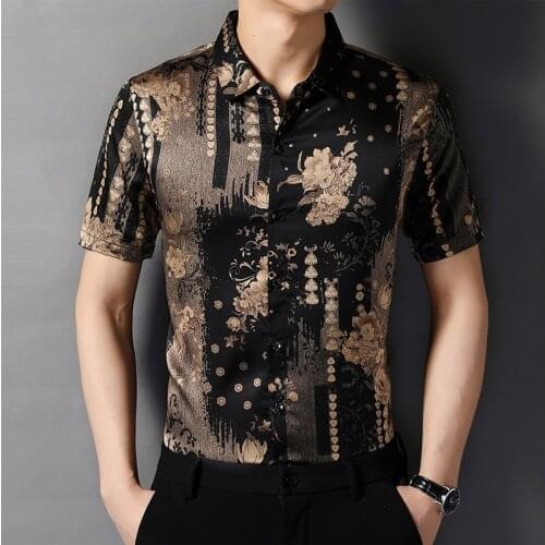 Retro Smooth Ice Silk Mens Shirts For Mens Chinese Flowers Big Size Blouse Husband Hawaiian Dress Fashionable Mens Clothing Soft