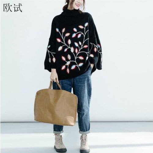 Oversized Black Turtleneck Sweater Women Autumn Winter Sweaters Half Sleeve Embroidery Pullover Casual Knitted Sweater 2021