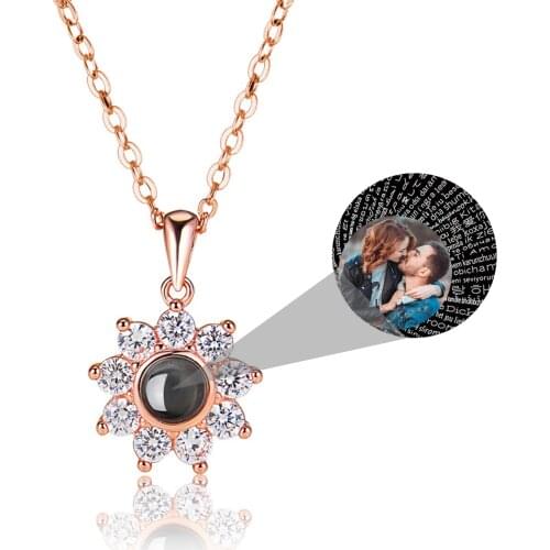 Women Custom Photo Name Projection Necklace Rose Gold Silver Color Clavicle Chain Personalized Sun Flower Shaped Pendant Jewelry