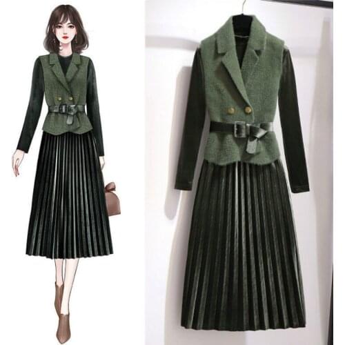 2021 Women Autumn Winter Elegant 2 Pcs Set Female Sashes Button Tops + Gold Velvet Pleated Dress Suit Lady Casual Solid Set PJ57