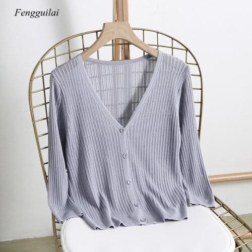 Ice Hollow Out Cardigan Womens Outwear Shirt Thin Knit Korean Style Sun Protection Long Sleeve Shirt Summer New Top
