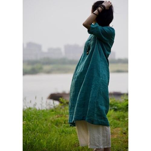 Women Loose Solid Color Vintage Summer Dress Ladies Ramie Dresses Female Retro 2021 Summer Dress