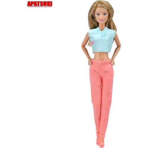 1set Blue Short Tops Pink Long Pants Fashion Suit Clothes for Barbie Doll Outfits Clothing for Barbie Dollhouse Accessories Kids
