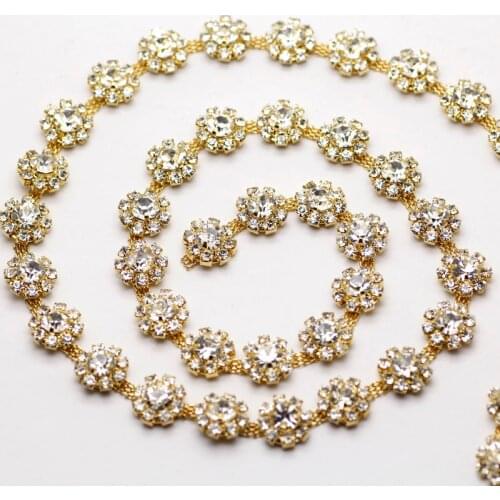 1 yard AAA-Grade Flower Crystal Clear Round Glass Rhinestone Cup Chain golden Base Dress Belt Trim Applique Sew on stone Garment