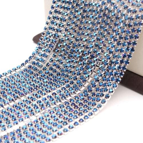 10Yards Bling Navy Blue AB DIY Rhinestone Chain Silver Hand Craft Base Claw Crystal Rhinestone Chain Clothing Art Decoration