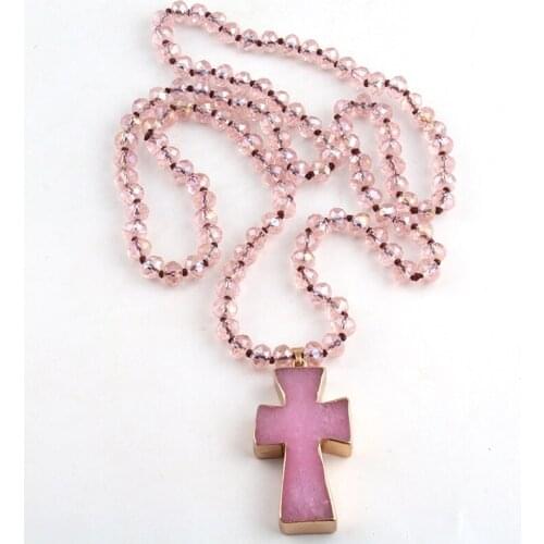 Free Shipping Fashion Pink Long Crystal Glass Knotted Cross Pendant Necklaces For Bohemian Tribal Jewelry