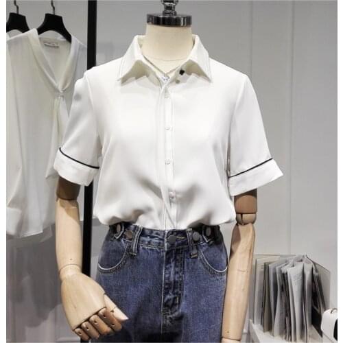 Womens Spring Summer Runway Fashion White Brief Chiffon Shirt Female Casual Loose Basic Blouse Tees Tops TB1674