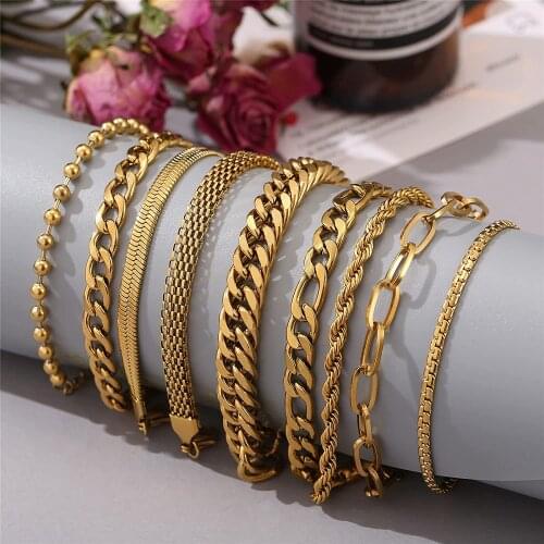 9pcs/lot Stainless Steel Chain Bracelet Set for Women Gold Silver Color Fashion Cuban Link Adjustable Bracelet for Gifts
