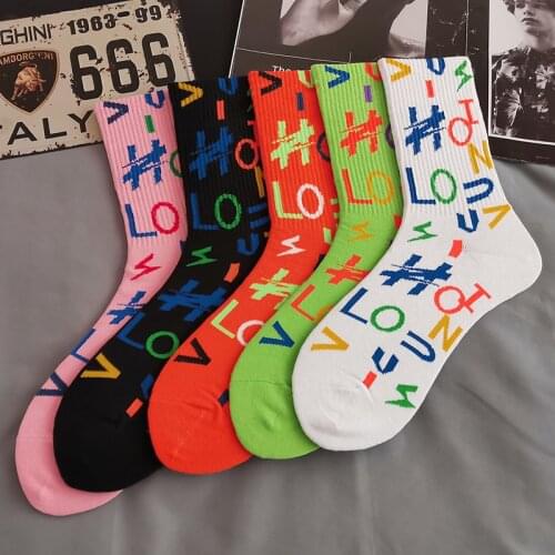 Crew Street Fashion Cotton Socks Messy Letters Multicolour Chromatic Colour Color English Funny Game Harajuku Pop Socket Cycling