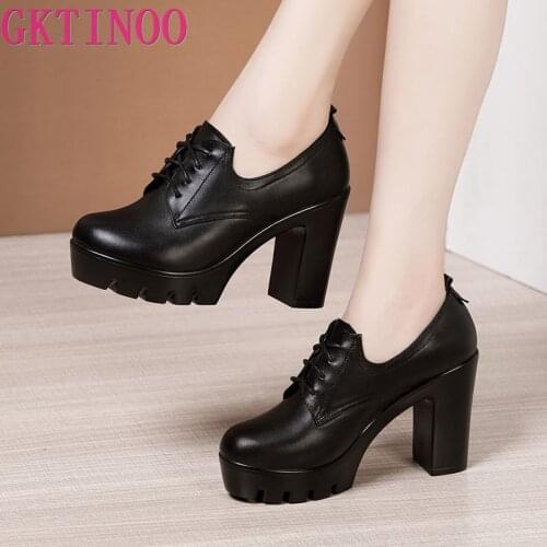 GKTINOO Spring Autumn Platform Oxford Shoes for Women 2021 Deep Mouth High heels Pumps Leather Ladies Shoes for Office Plus Size