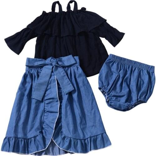 3Pcs Toddler Baby Kid Girl Clothes Sets Summer Dots Off Shoulder T shirt Tops+Ruffle Denim Skirts+Shorts Suit Girls Clothing Set