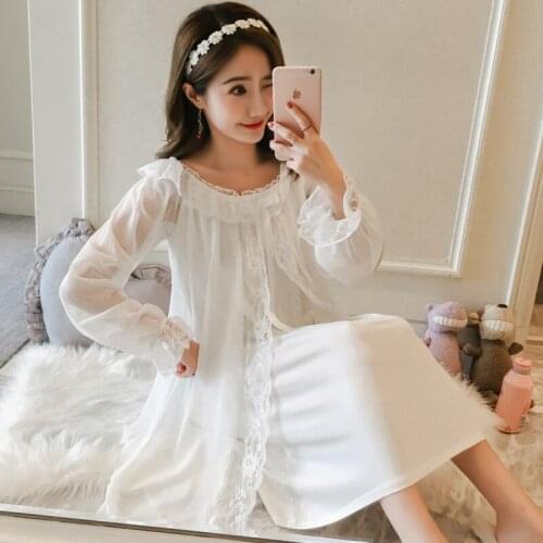 Korean Court Nightdress Long Sleeve Spring Autumn Cotton Princess Dress Lace Nightgown Sexy Sleepwear Lady Nightwear Sleep Dress