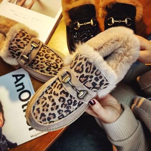 Genuine Cony Hair Loafers Students Leopard Flats Comfortable Cotton Shoes Womans Heels Thick Sole Buckle Fuzzy GlitterBlack