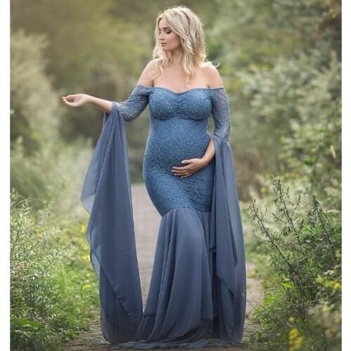 Fashion Maternity Dress for Photo Shoot Maxi Maternity Gown Long Sleeves Lace Stitching Fancy Women Maternity Photography Props