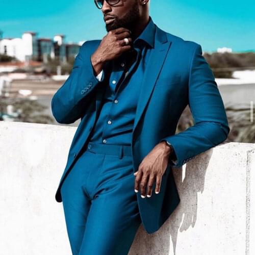 Ocean Blue Mens Suit Peaked Lapel Blazers Slim Fit Male Tuxedos Tailored Groom Wear Two Pieces Prom Jacket And Pants