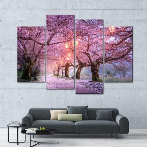 Pictures Wall Art Home Decoration Framework 4 Pieces Pink Cherry Blossoms Tree For Living Room Modern Landscape Painting Posters