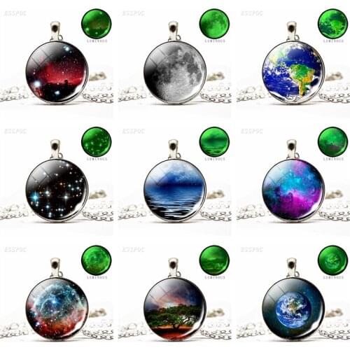 Glow in Dark Necklace Nebula Starry Night Full Moon Glass Cabochon Necklace Earth Planet luminous Pendant Necklace