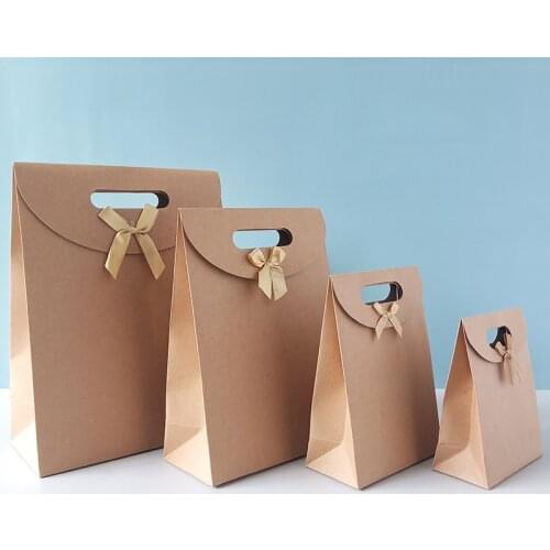 10pcs Kraft Paper Bags With Bowknot For Wedding Birthday Home Party Packaging Gifts Candy Bread Baking Takeaway Bag