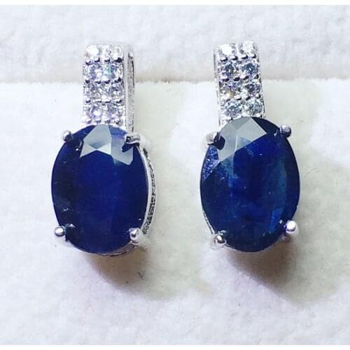 Natural real dark sapphire stud earring Per jewelry 6*8mm 1.6ct*2pcs gemstone 925 sterling silver Fine jewelry X21766