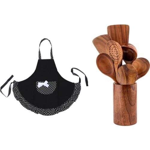 Lovely Cotton Polka Dot Pattern Working Chefs Cooking Cook Womens Bib Apron with 8Pcs Spoon Spatula Kitchen Tool Set