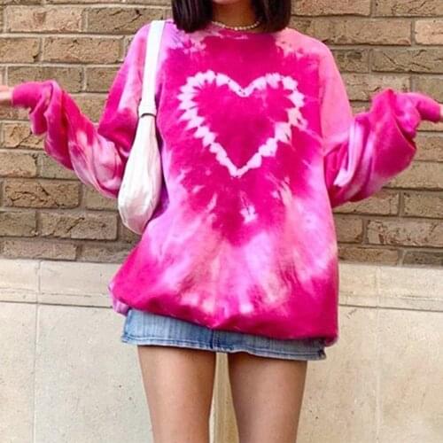 Pink Oversized Sweatshirt Sexy Loose Long Tie-Dye Love Autumn and Winter Bottoming Long-Sleeved Top Pullover