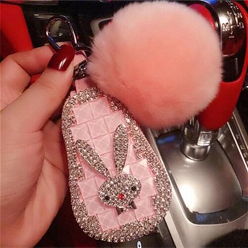 Universal RhinCartoon Car Hair Ball Car Diamond Universal Car Keychain Rabbit Key Protective Cover Case Fashion