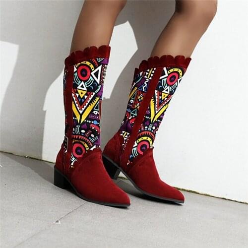 YQBTDL Fashion Geometric Print Faux Nubuck Mid Long High Heels Riding Boots Female Slip on Ruffles Block Heel Shoes Autumn Botas