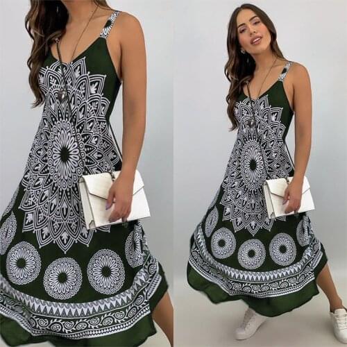 Womens Summer Fashion New Totem Print Deep V-Neck Strap Long Dress Holiday Beach Sleeveless Casual Elegant Suspender Clothes