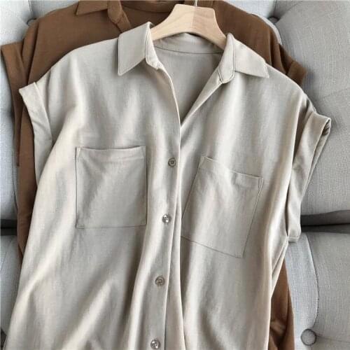 Streetwear Woman Tops Button Up Sleeveless Casual Shirt Girls Summer Retro Vintage Blouses Loose Thin Plus Size Shirts Female