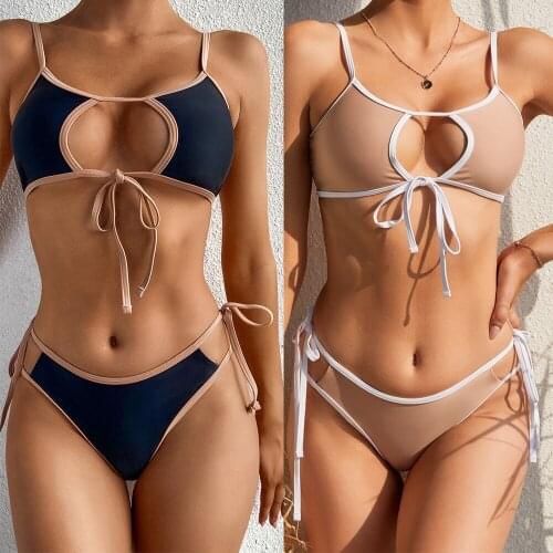 Womens Swimwear 2021 Patchwork Bikinis Set Sexy Hollow Out Lace Up Two-Piece Bathing Suits Separate Swimsuits Biquinis Feminino