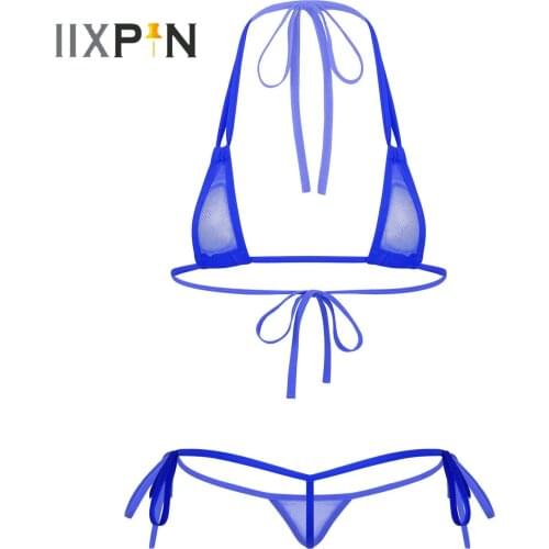 Strappy Lingerie Suit Womens See-through Sexy Micro Bikini Set Triangle Mesh Swimwear Halter Neck Bras Tops T-Back Thong Briefs