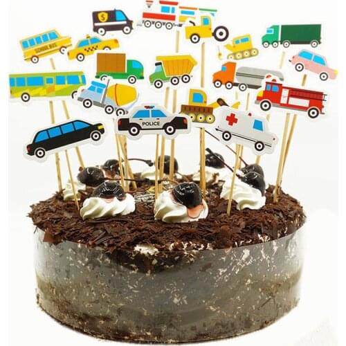 18pcs Car Vehicle Bus Truck Insert Cake Decorating Card Kids Party Celebration Cupcake Flag